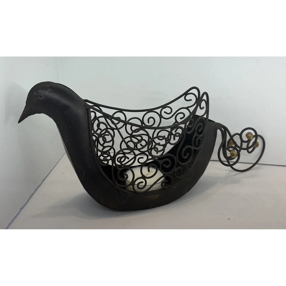 Dark Metal Bird Wire Filigree Tea Light Candle Holder